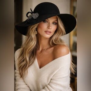 Cynthia Rowley Black Wool Wide-Brim Hat with Rhinestone Bow — Elegant Luxury